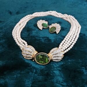 Vintage Inspired Pearl, Rhinestone and Green Stone Necklace And Earings
